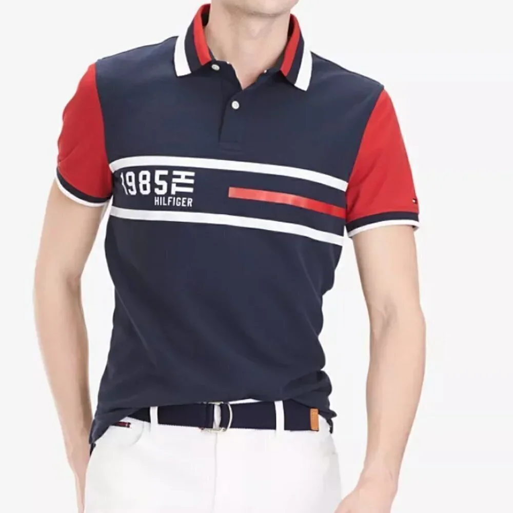 TOMMY HILFIGER Retro Vintage Inspired Logo Graphic Polo 1985 Red White Blue XXL